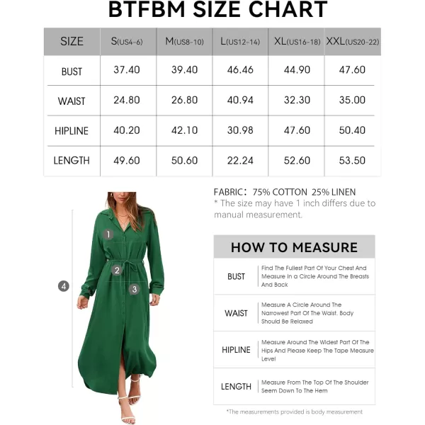 imageBTFBM Women 2023 Casual Long Sleeve Maxi Dress Fall Spring Button Down Shirt Dresses Tie Waist Side Slit Long Linen DressSolid Green