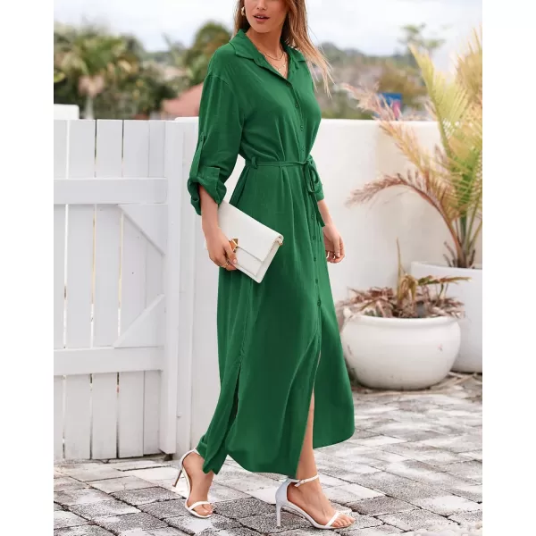 imageBTFBM Women 2023 Casual Long Sleeve Maxi Dress Fall Spring Button Down Shirt Dresses Tie Waist Side Slit Long Linen DressSolid Green