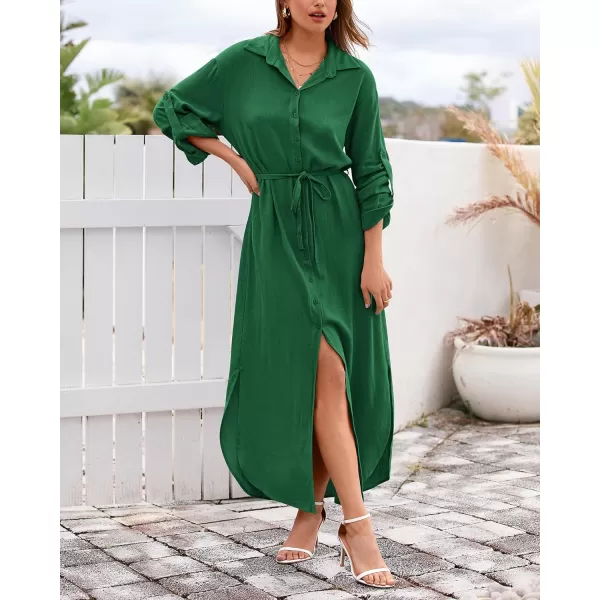 imageBTFBM Women 2023 Casual Long Sleeve Maxi Dress Fall Spring Button Down Shirt Dresses Tie Waist Side Slit Long Linen DressSolid Green