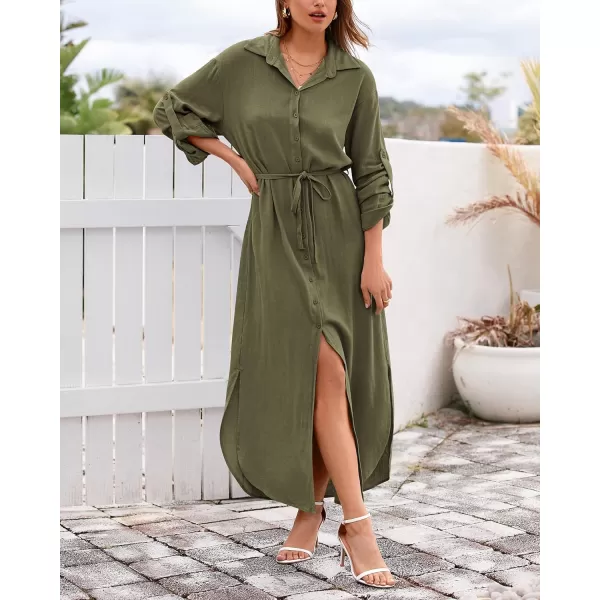 imageBTFBM Women 2023 Casual Long Sleeve Maxi Dress Fall Spring Button Down Shirt Dresses Tie Waist Side Slit Long Linen DressSolid Light Army Green
