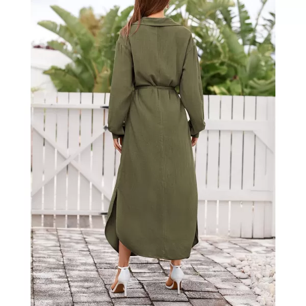 imageBTFBM Women 2023 Casual Long Sleeve Maxi Dress Fall Spring Button Down Shirt Dresses Tie Waist Side Slit Long Linen DressSolid Light Army Green