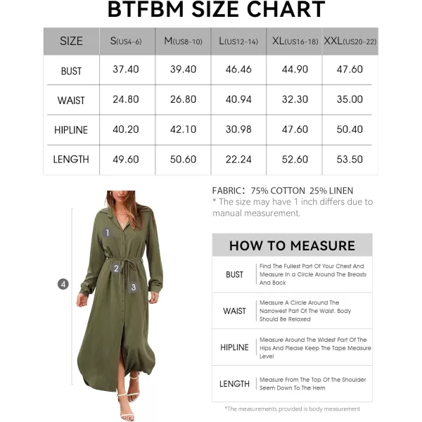 imageBTFBM Women 2023 Casual Long Sleeve Maxi Dress Fall Spring Button Down Shirt Dresses Tie Waist Side Slit Long Linen DressSolid Light Army Green