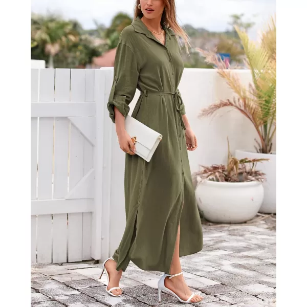 imageBTFBM Women 2023 Casual Long Sleeve Maxi Dress Fall Spring Button Down Shirt Dresses Tie Waist Side Slit Long Linen DressSolid Light Army Green