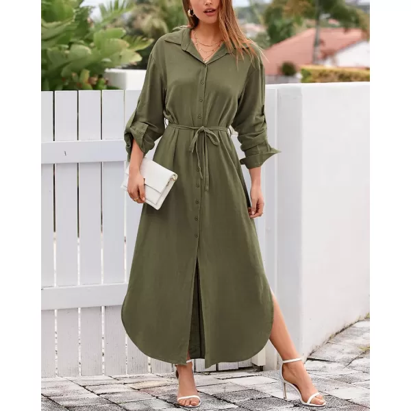 imageBTFBM Women 2023 Casual Long Sleeve Maxi Dress Fall Spring Button Down Shirt Dresses Tie Waist Side Slit Long Linen DressSolid Light Army Green