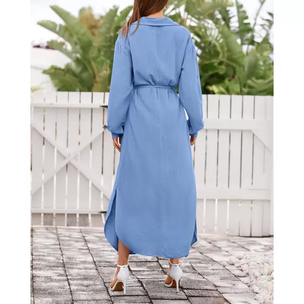 imageBTFBM Women 2023 Casual Long Sleeve Maxi Dress Fall Spring Button Down Shirt Dresses Tie Waist Side Slit Long Linen DressSolid Light Blue