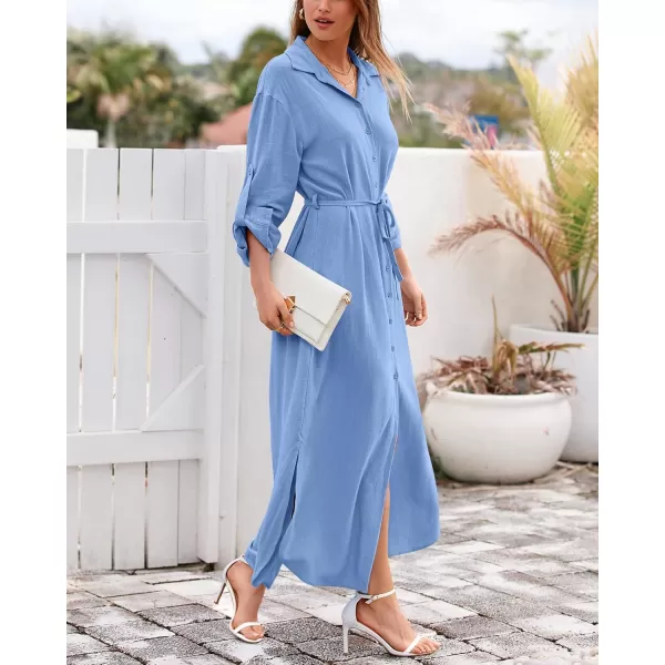 imageBTFBM Women 2023 Casual Long Sleeve Maxi Dress Fall Spring Button Down Shirt Dresses Tie Waist Side Slit Long Linen DressSolid Light Blue