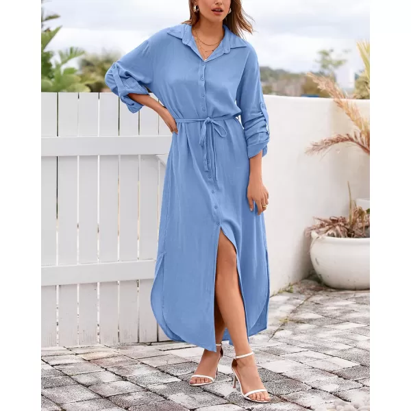imageBTFBM Women 2023 Casual Long Sleeve Maxi Dress Fall Spring Button Down Shirt Dresses Tie Waist Side Slit Long Linen DressSolid Light Blue