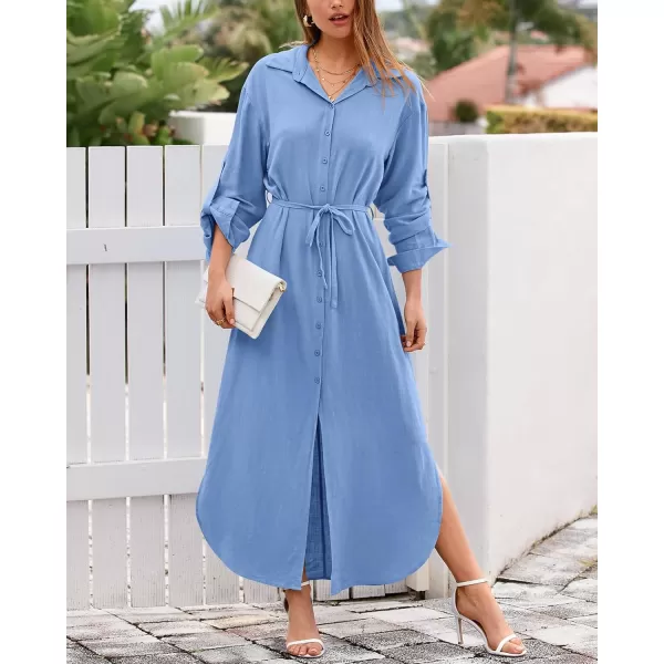 imageBTFBM Women 2023 Casual Long Sleeve Maxi Dress Fall Spring Button Down Shirt Dresses Tie Waist Side Slit Long Linen DressSolid Light Blue