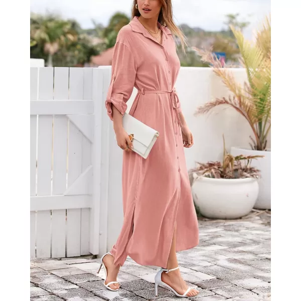 imageBTFBM Women 2023 Casual Long Sleeve Maxi Dress Fall Spring Button Down Shirt Dresses Tie Waist Side Slit Long Linen DressSolid Pink