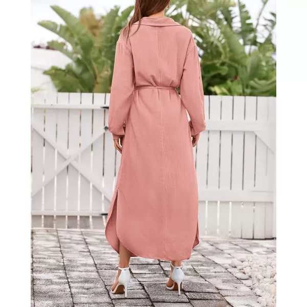 imageBTFBM Women 2023 Casual Long Sleeve Maxi Dress Fall Spring Button Down Shirt Dresses Tie Waist Side Slit Long Linen DressSolid Pink