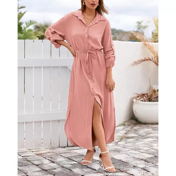 imageBTFBM Women 2023 Casual Long Sleeve Maxi Dress Fall Spring Button Down Shirt Dresses Tie Waist Side Slit Long Linen DressSolid Pink