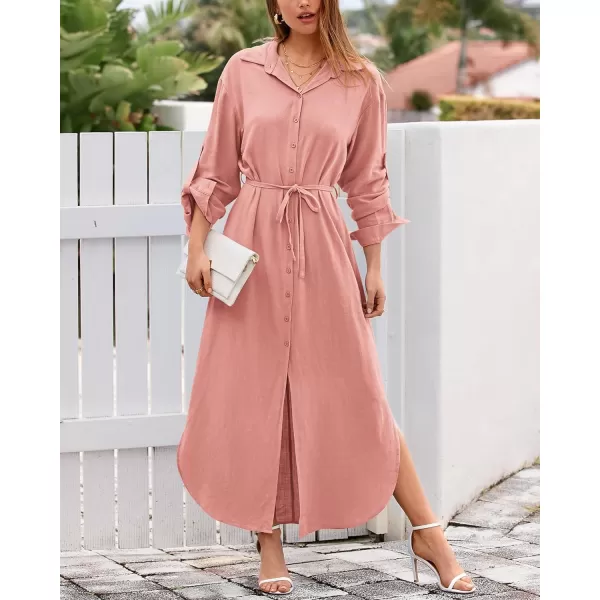 imageBTFBM Women 2023 Casual Long Sleeve Maxi Dress Fall Spring Button Down Shirt Dresses Tie Waist Side Slit Long Linen DressSolid Pink