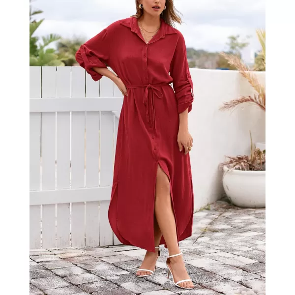 imageBTFBM Women 2023 Casual Long Sleeve Maxi Dress Fall Spring Button Down Shirt Dresses Tie Waist Side Slit Long Linen DressSolid Red