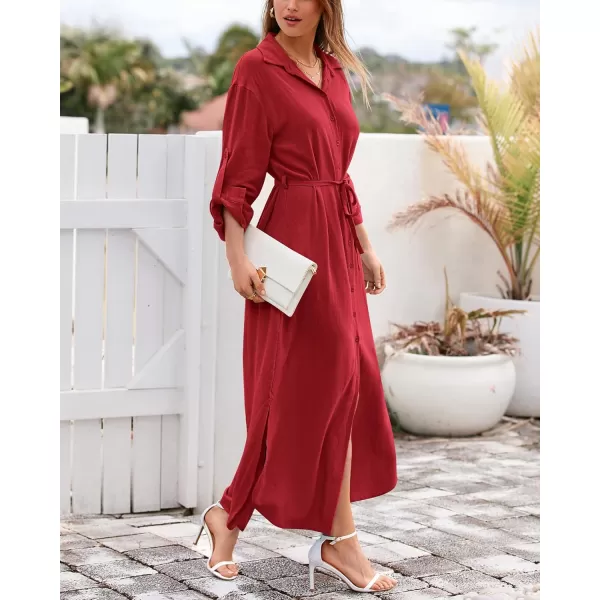 imageBTFBM Women 2023 Casual Long Sleeve Maxi Dress Fall Spring Button Down Shirt Dresses Tie Waist Side Slit Long Linen DressSolid Red