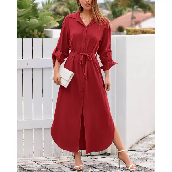 imageBTFBM Women 2023 Casual Long Sleeve Maxi Dress Fall Spring Button Down Shirt Dresses Tie Waist Side Slit Long Linen DressSolid Red