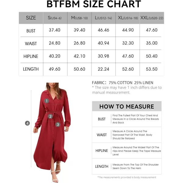 imageBTFBM Women 2023 Casual Long Sleeve Maxi Dress Fall Spring Button Down Shirt Dresses Tie Waist Side Slit Long Linen DressSolid Red