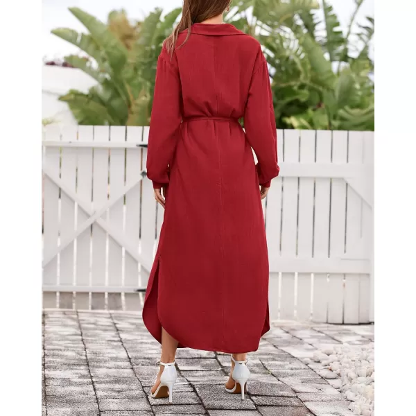 imageBTFBM Women 2023 Casual Long Sleeve Maxi Dress Fall Spring Button Down Shirt Dresses Tie Waist Side Slit Long Linen DressSolid Red