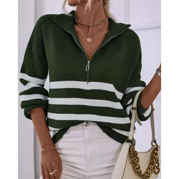 imageBTFBM Women 2023 Casual Long Sleeve Zip Striped Pullover Sweaters V Neck Collar Ribbed Knit Fall Winter Slouchy JumpersStriped Army Green