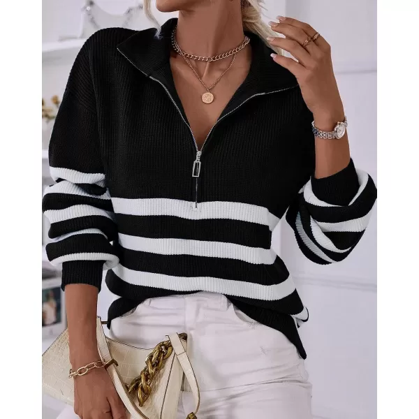 imageBTFBM Women 2023 Casual Long Sleeve Zip Striped Pullover Sweaters V Neck Collar Ribbed Knit Fall Winter Slouchy JumpersStriped Black
