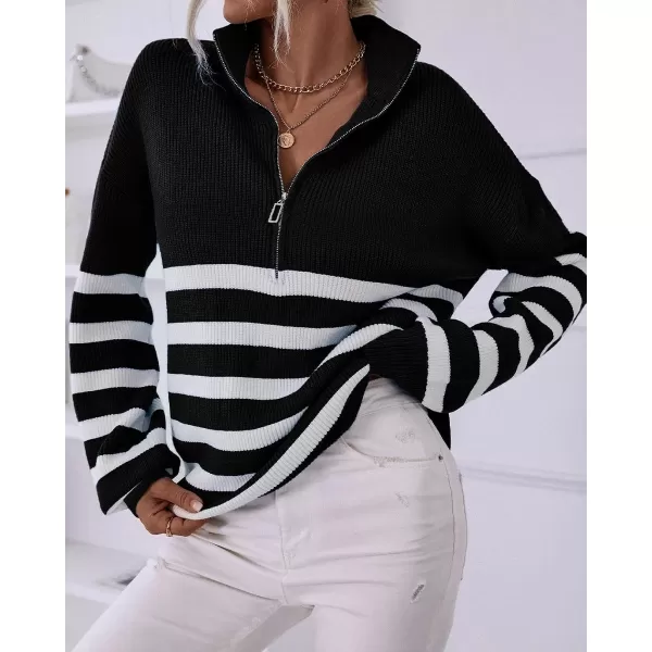 imageBTFBM Women 2023 Casual Long Sleeve Zip Striped Pullover Sweaters V Neck Collar Ribbed Knit Fall Winter Slouchy JumpersStriped Black