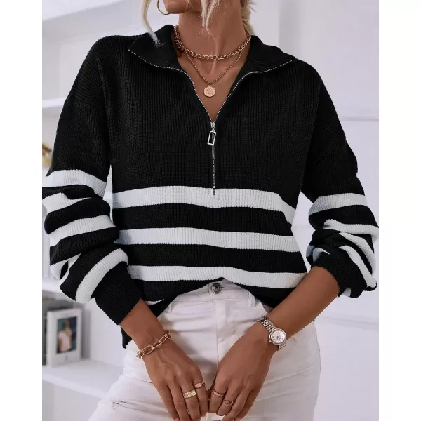 imageBTFBM Women 2023 Casual Long Sleeve Zip Striped Pullover Sweaters V Neck Collar Ribbed Knit Fall Winter Slouchy JumpersStriped Black
