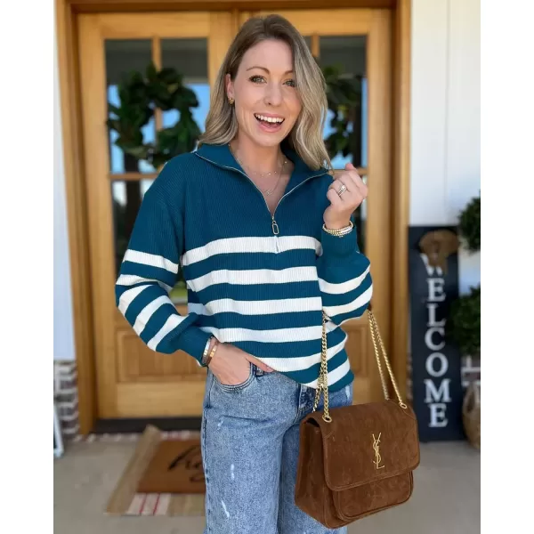 imageBTFBM Women 2023 Casual Long Sleeve Zip Striped Pullover Sweaters V Neck Collar Ribbed Knit Fall Winter Slouchy JumpersStriped Blue