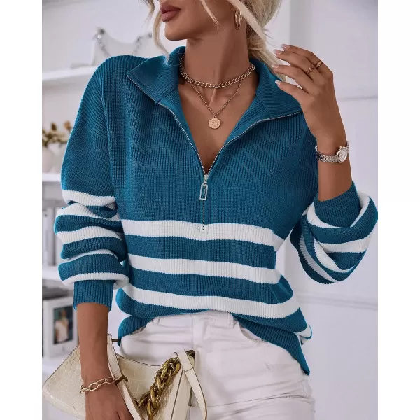 imageBTFBM Women 2023 Casual Long Sleeve Zip Striped Pullover Sweaters V Neck Collar Ribbed Knit Fall Winter Slouchy JumpersStriped Blue