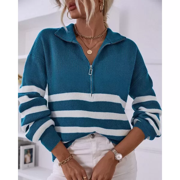 imageBTFBM Women 2023 Casual Long Sleeve Zip Striped Pullover Sweaters V Neck Collar Ribbed Knit Fall Winter Slouchy JumpersStriped Blue