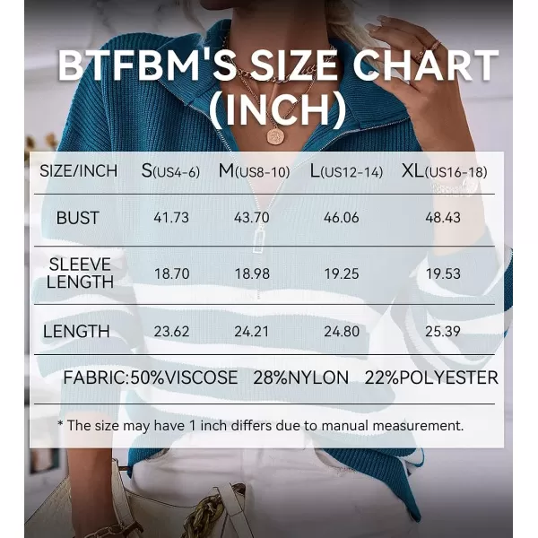 imageBTFBM Women 2023 Casual Long Sleeve Zip Striped Pullover Sweaters V Neck Collar Ribbed Knit Fall Winter Slouchy JumpersStriped Blue