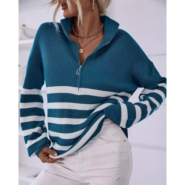 imageBTFBM Women 2023 Casual Long Sleeve Zip Striped Pullover Sweaters V Neck Collar Ribbed Knit Fall Winter Slouchy JumpersStriped Blue
