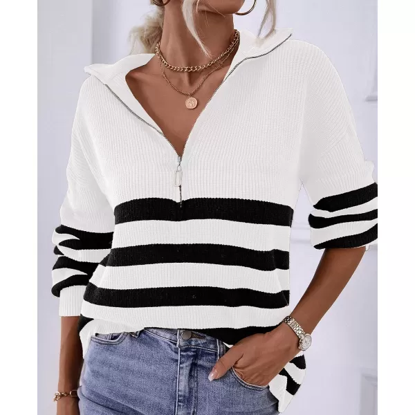 imageBTFBM Women 2023 Casual Long Sleeve Zip Striped Pullover Sweaters V Neck Collar Ribbed Knit Fall Winter Slouchy JumpersStriped White