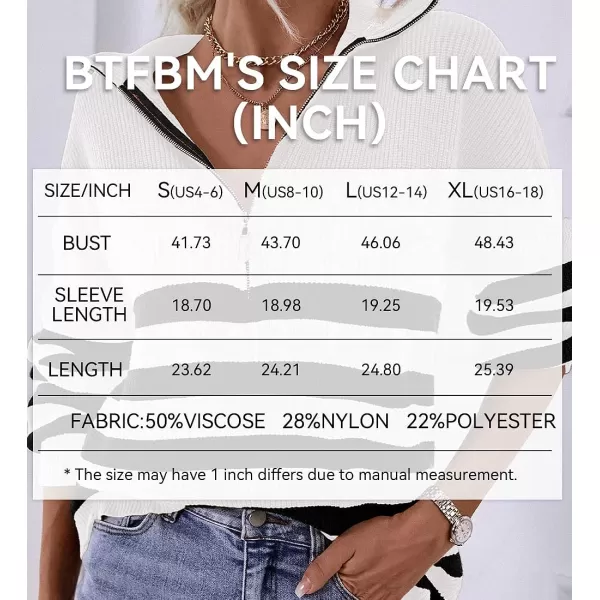 imageBTFBM Women 2023 Casual Long Sleeve Zip Striped Pullover Sweaters V Neck Collar Ribbed Knit Fall Winter Slouchy JumpersStriped White