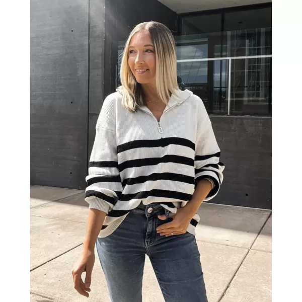 imageBTFBM Women 2023 Casual Long Sleeve Zip Striped Pullover Sweaters V Neck Collar Ribbed Knit Fall Winter Slouchy JumpersStriped White