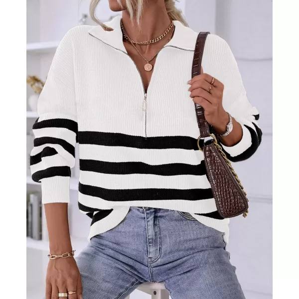 imageBTFBM Women 2023 Casual Long Sleeve Zip Striped Pullover Sweaters V Neck Collar Ribbed Knit Fall Winter Slouchy JumpersStriped White
