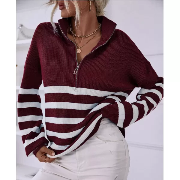 imageBTFBM Women 2023 Casual Long Sleeve Zip Striped Pullover Sweaters V Neck Collar Ribbed Knit Fall Winter Slouchy JumpersStriped Wine Red