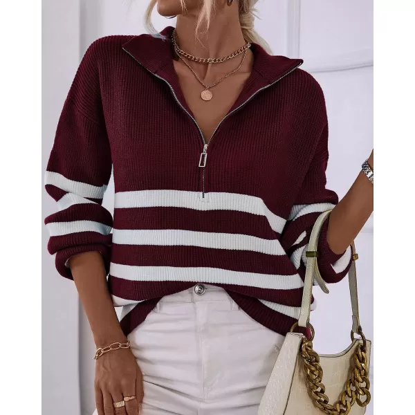 imageBTFBM Women 2023 Casual Long Sleeve Zip Striped Pullover Sweaters V Neck Collar Ribbed Knit Fall Winter Slouchy JumpersStriped Wine Red