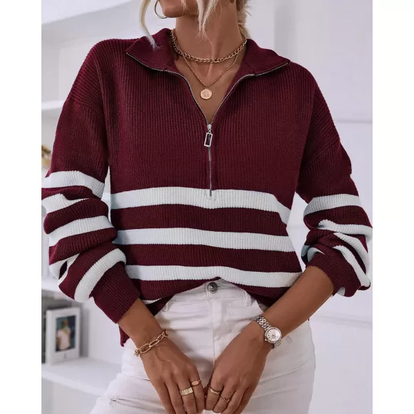 imageBTFBM Women 2023 Casual Long Sleeve Zip Striped Pullover Sweaters V Neck Collar Ribbed Knit Fall Winter Slouchy JumpersStriped Wine Red