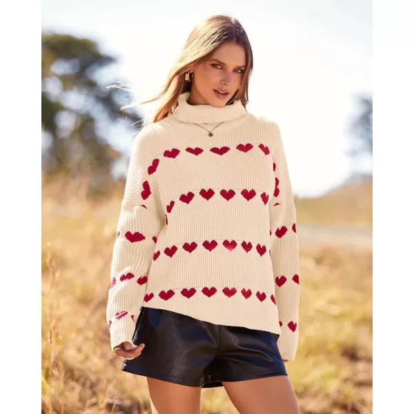 imageBTFBM Women 2023 Casual Turtleneck Sweaters Heart Print Oversized Long Sleeve Knit Fall Winter Jumper PulloversHeart Beige Red