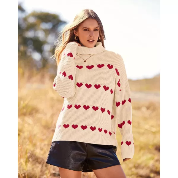 imageBTFBM Women 2023 Casual Turtleneck Sweaters Heart Print Oversized Long Sleeve Knit Fall Winter Jumper PulloversHeart Beige Red