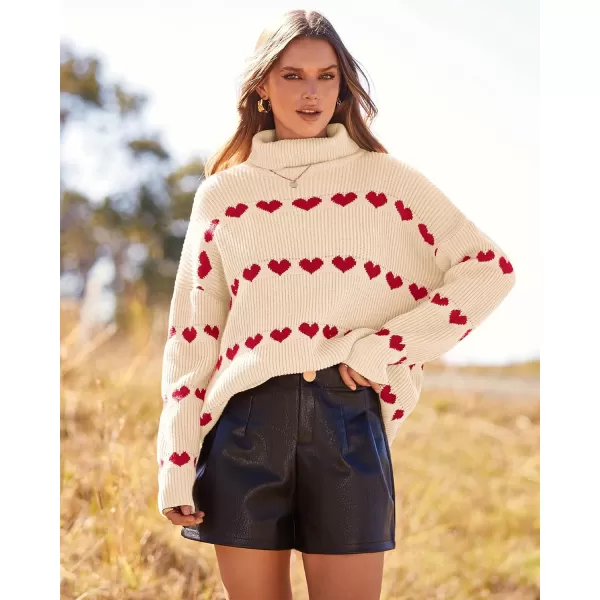 imageBTFBM Women 2023 Casual Turtleneck Sweaters Heart Print Oversized Long Sleeve Knit Fall Winter Jumper PulloversHeart Beige Red