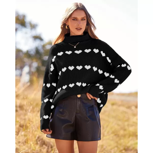imageBTFBM Women 2023 Casual Turtleneck Sweaters Heart Print Oversized Long Sleeve Knit Fall Winter Jumper PulloversHeart Black White