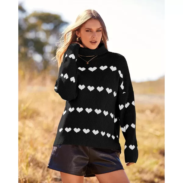 imageBTFBM Women 2023 Casual Turtleneck Sweaters Heart Print Oversized Long Sleeve Knit Fall Winter Jumper PulloversHeart Black White