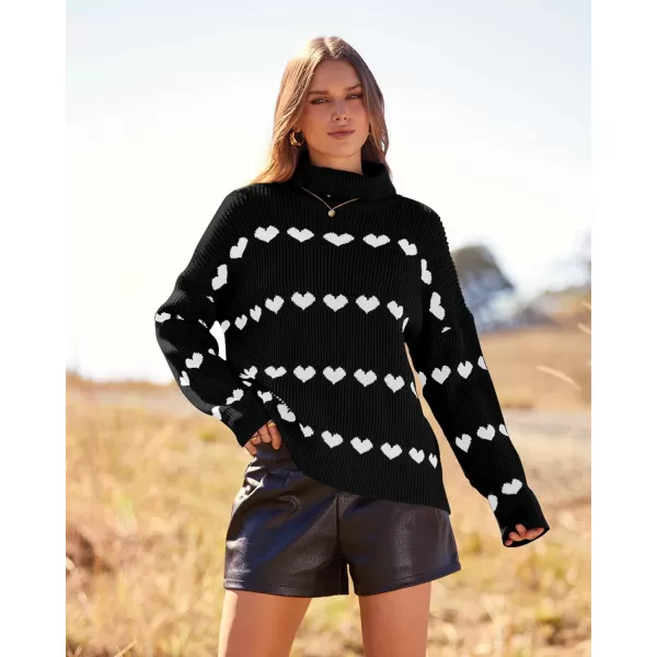 imageBTFBM Women 2023 Casual Turtleneck Sweaters Heart Print Oversized Long Sleeve Knit Fall Winter Jumper PulloversHeart Black White
