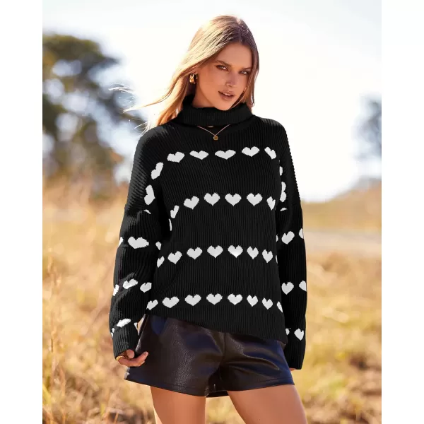 imageBTFBM Women 2023 Casual Turtleneck Sweaters Heart Print Oversized Long Sleeve Knit Fall Winter Jumper PulloversHeart Black White