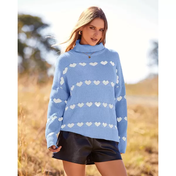 imageBTFBM Women 2023 Casual Turtleneck Sweaters Heart Print Oversized Long Sleeve Knit Fall Winter Jumper PulloversHeart Blue White