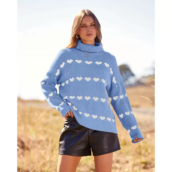 imageBTFBM Women 2023 Casual Turtleneck Sweaters Heart Print Oversized Long Sleeve Knit Fall Winter Jumper PulloversHeart Blue White