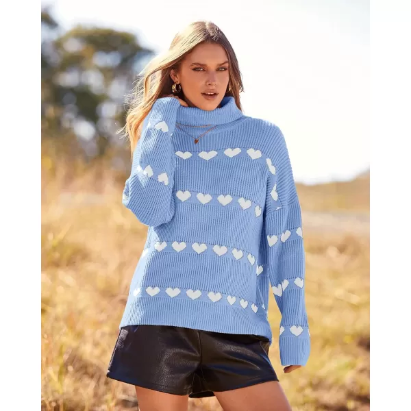 imageBTFBM Women 2023 Casual Turtleneck Sweaters Heart Print Oversized Long Sleeve Knit Fall Winter Jumper PulloversHeart Blue White