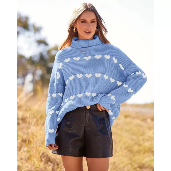 imageBTFBM Women 2023 Casual Turtleneck Sweaters Heart Print Oversized Long Sleeve Knit Fall Winter Jumper PulloversHeart Blue White