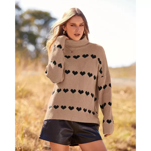 imageBTFBM Women 2023 Casual Turtleneck Sweaters Heart Print Oversized Long Sleeve Knit Fall Winter Jumper PulloversHeart Khaki Black