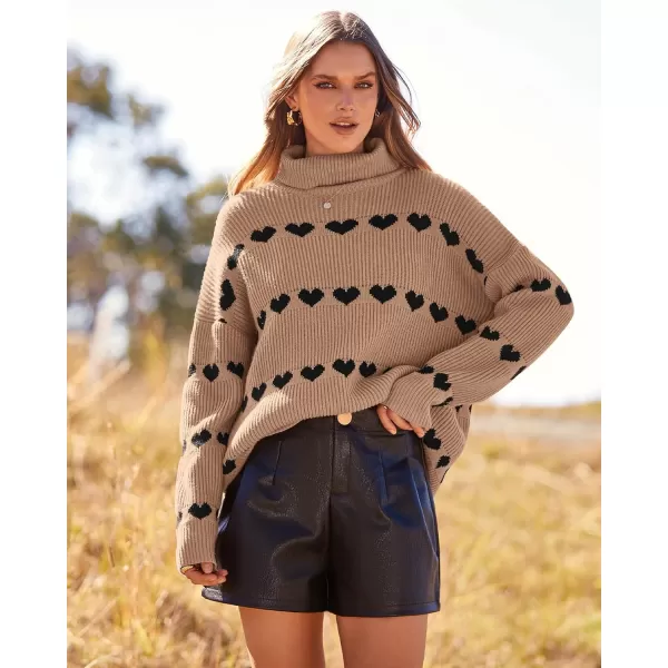 imageBTFBM Women 2023 Casual Turtleneck Sweaters Heart Print Oversized Long Sleeve Knit Fall Winter Jumper PulloversHeart Khaki Black